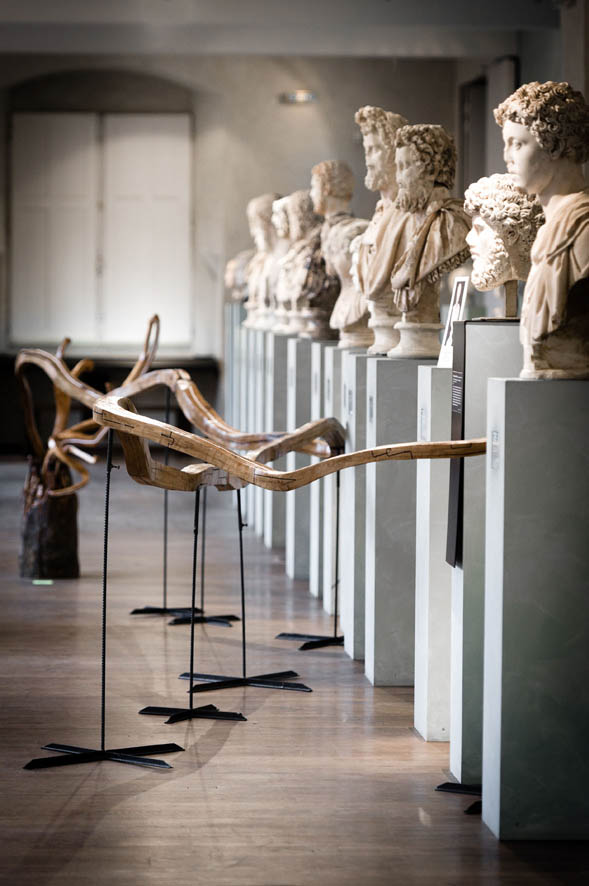 "La Branche du Temps", 1150 x 110 x 124 cm. Bois de Chêne, bois divers, acier, peinture, lasure. Musée St Raymond, Toulouse. "Jardins Synthétiques", 2012.