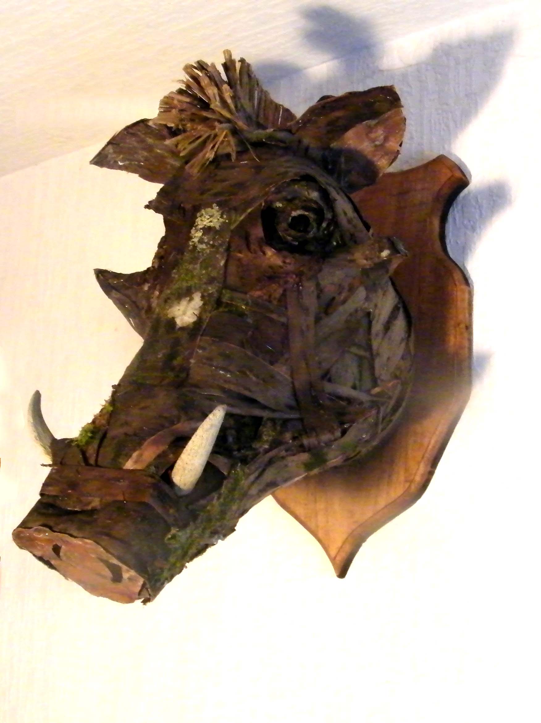 Masque de phacochère, 2017 (écorce, os, bois, agrafes, latex).